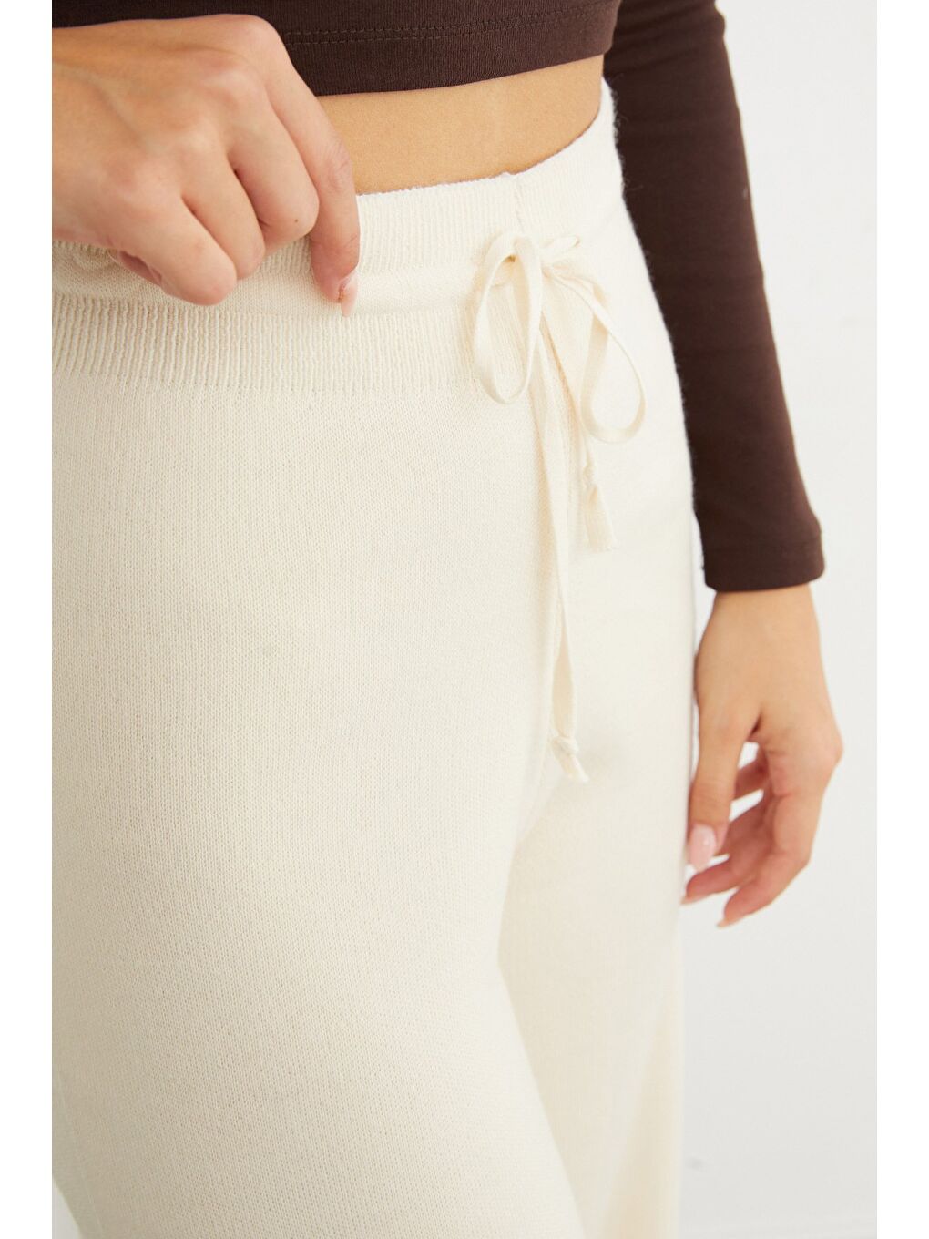 Bej Beli Lastikli Palazzo Triko Pantolon-4