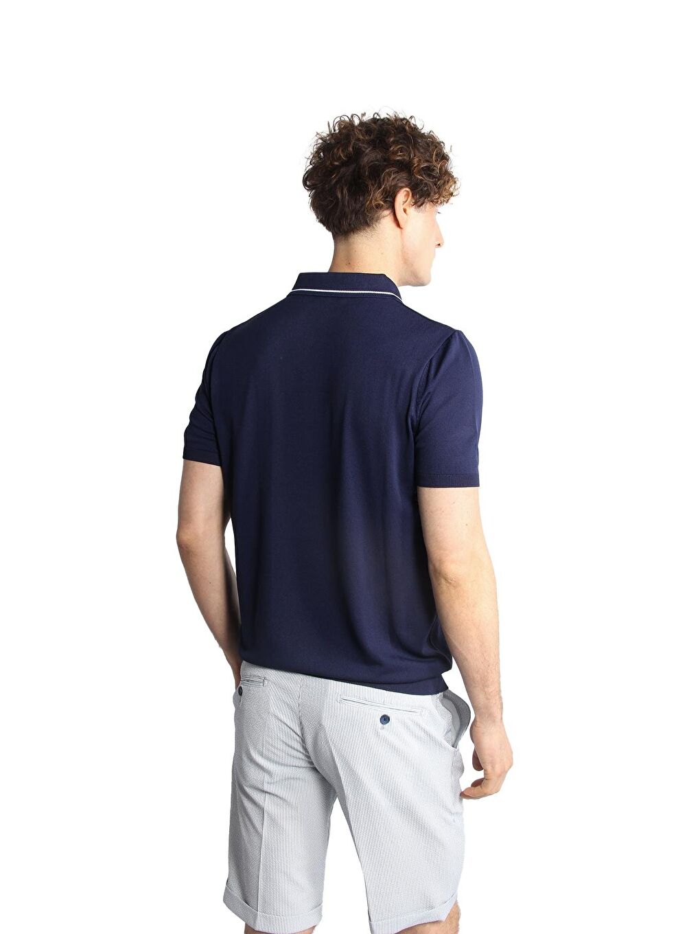 Lacivert Slim Fit Dar Kalıp Polo Yaka Düz Kısa Kollu Triko Tişört-4
