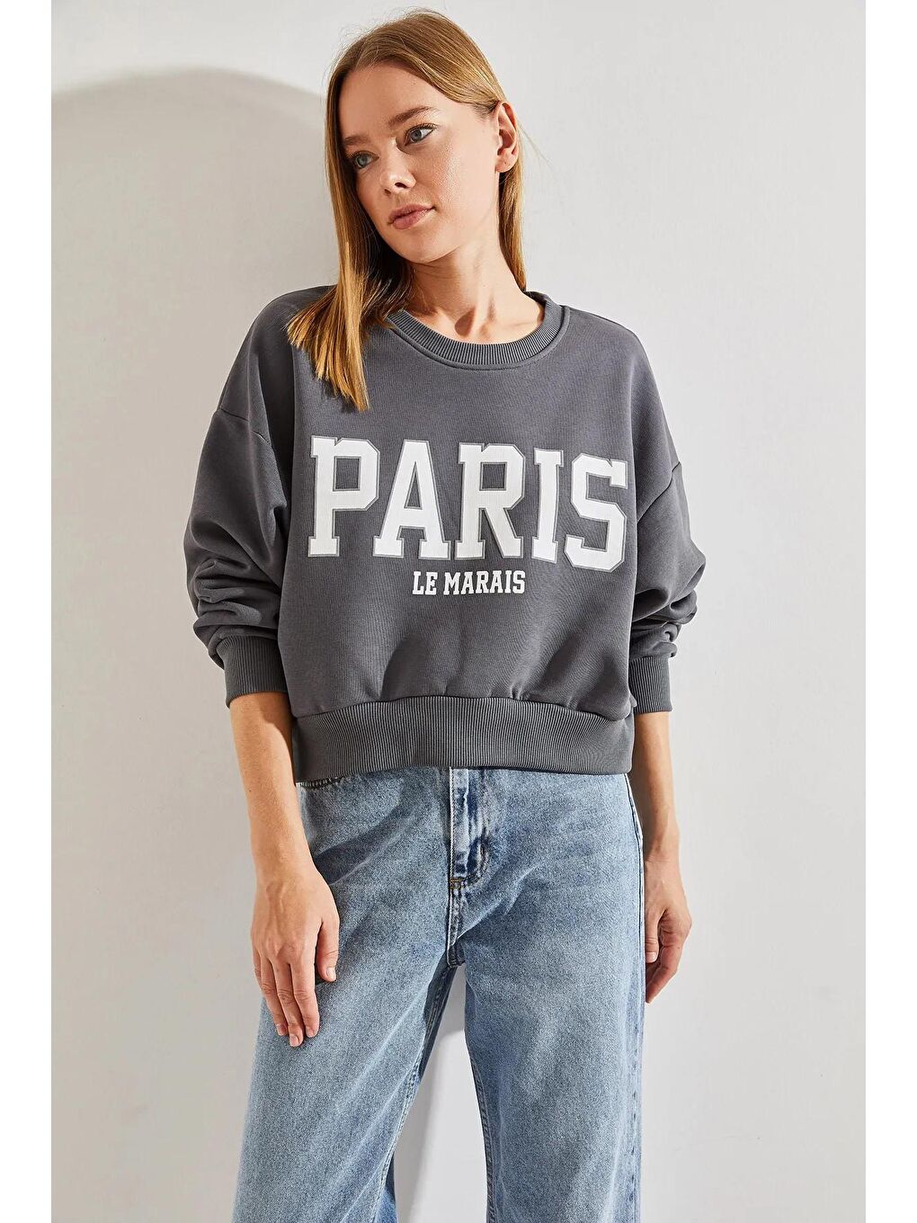 SHADE Gri Kadın Paris Baskılı Üç İplik Şardonlu Sweatshirt - 4