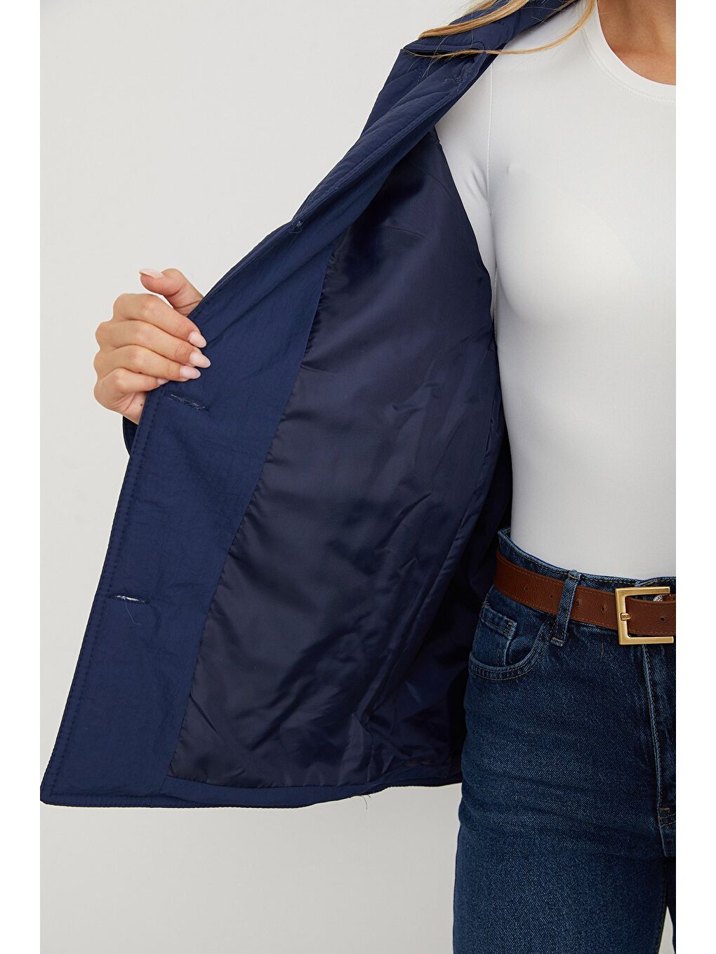 Lacivert Baklava Desen Kapitone Oversize Düğmeli Mont-2