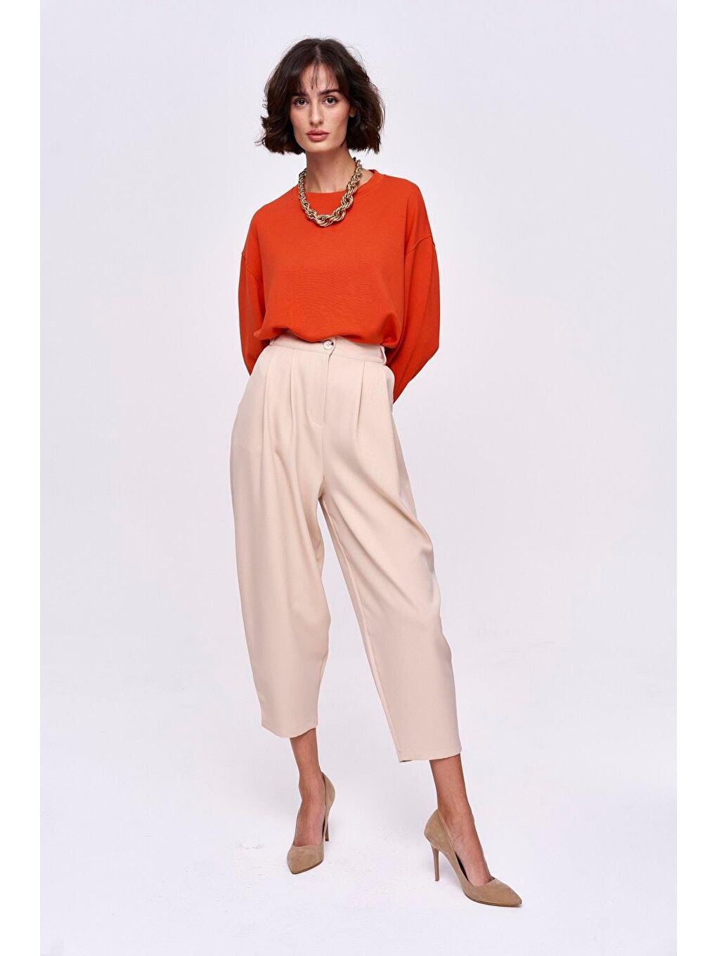 Pileli Şalvar Bej Kadın Pantolon-1