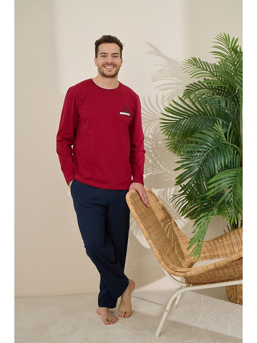 Kırmızı Erkek %100 Pamuk Uzun Kollu Baskılı Kaliteli Pijama Takımı-1