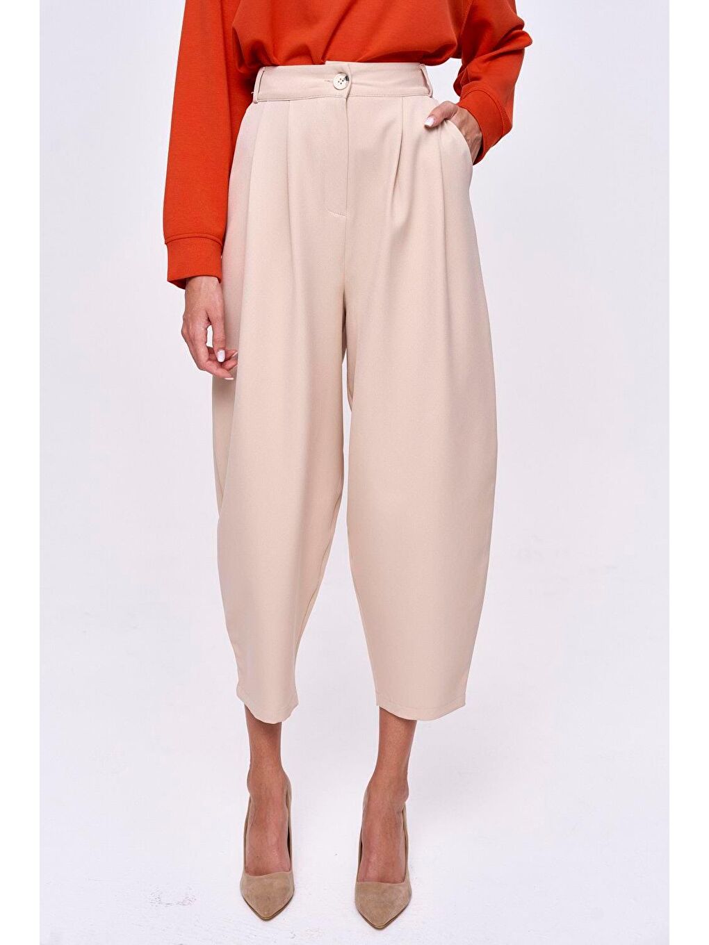 Pileli Şalvar Bej Kadın Pantolon-2