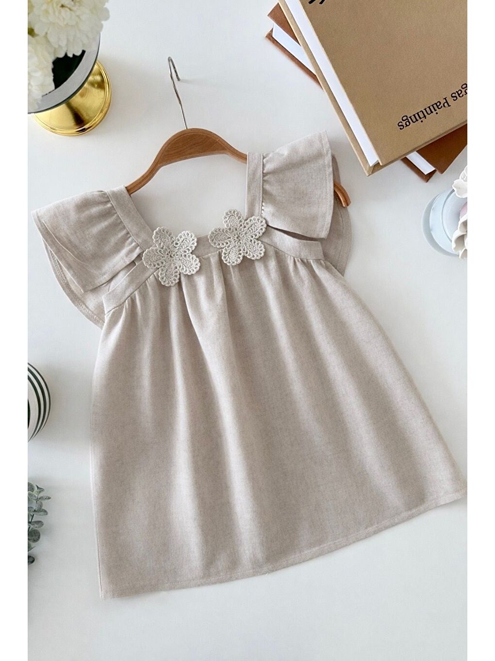 Kız Çocuk Pamuklu Gri Çiçek Detaylı Elbise-1