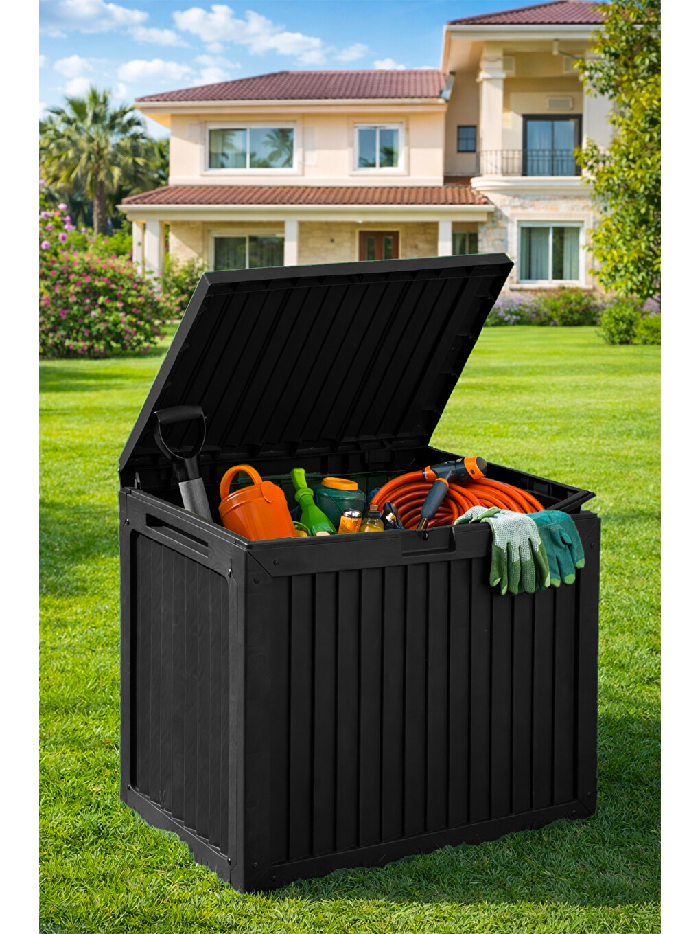 161001-010 130LT Kilitli Organizer Kapaklı Bahçe Balkon Kiler Sandığı Siyah-2