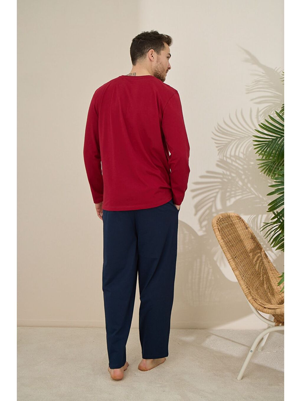 Kırmızı Erkek %100 Pamuk Uzun Kollu Baskılı Kaliteli Pijama Takımı-2