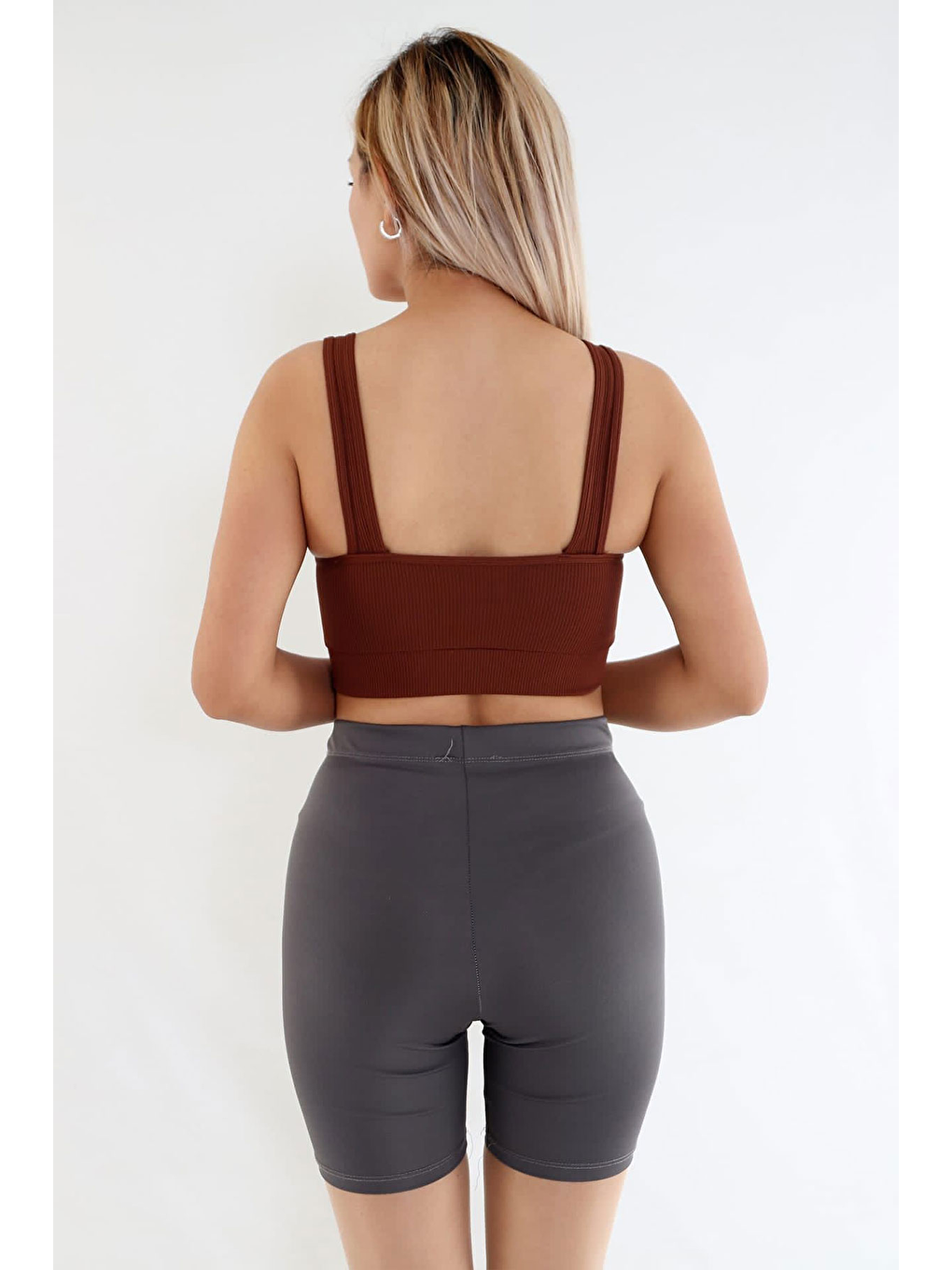 Kahverengi Kadın Fitilli Kaşkorse Kumaş Geniş Askılı Crop, Sporcu Sütyeni-1