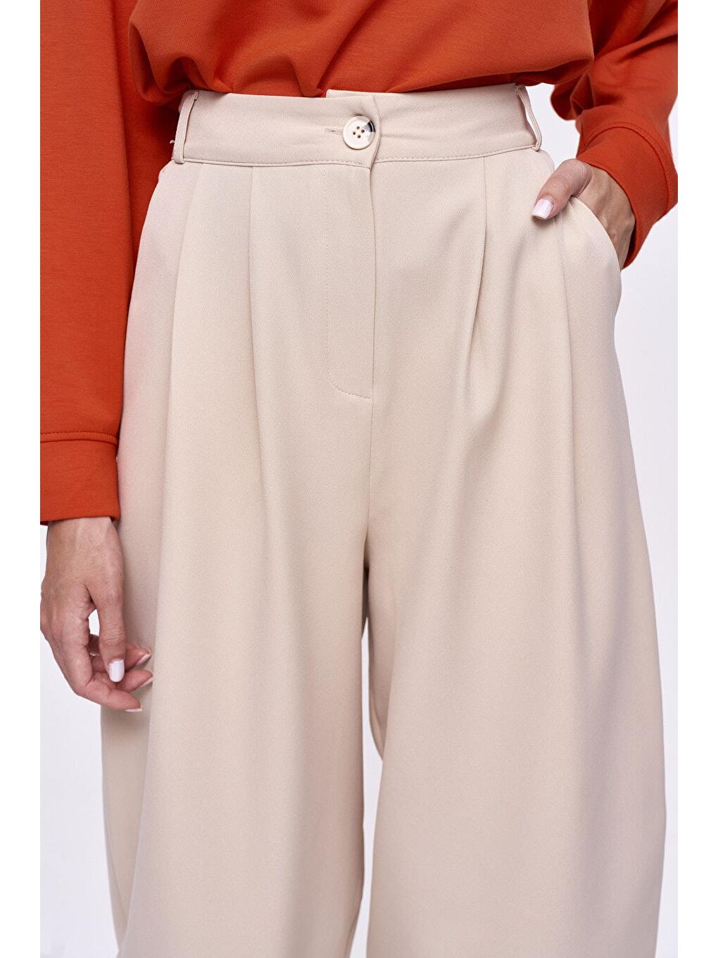 Pileli Şalvar Bej Kadın Pantolon-5