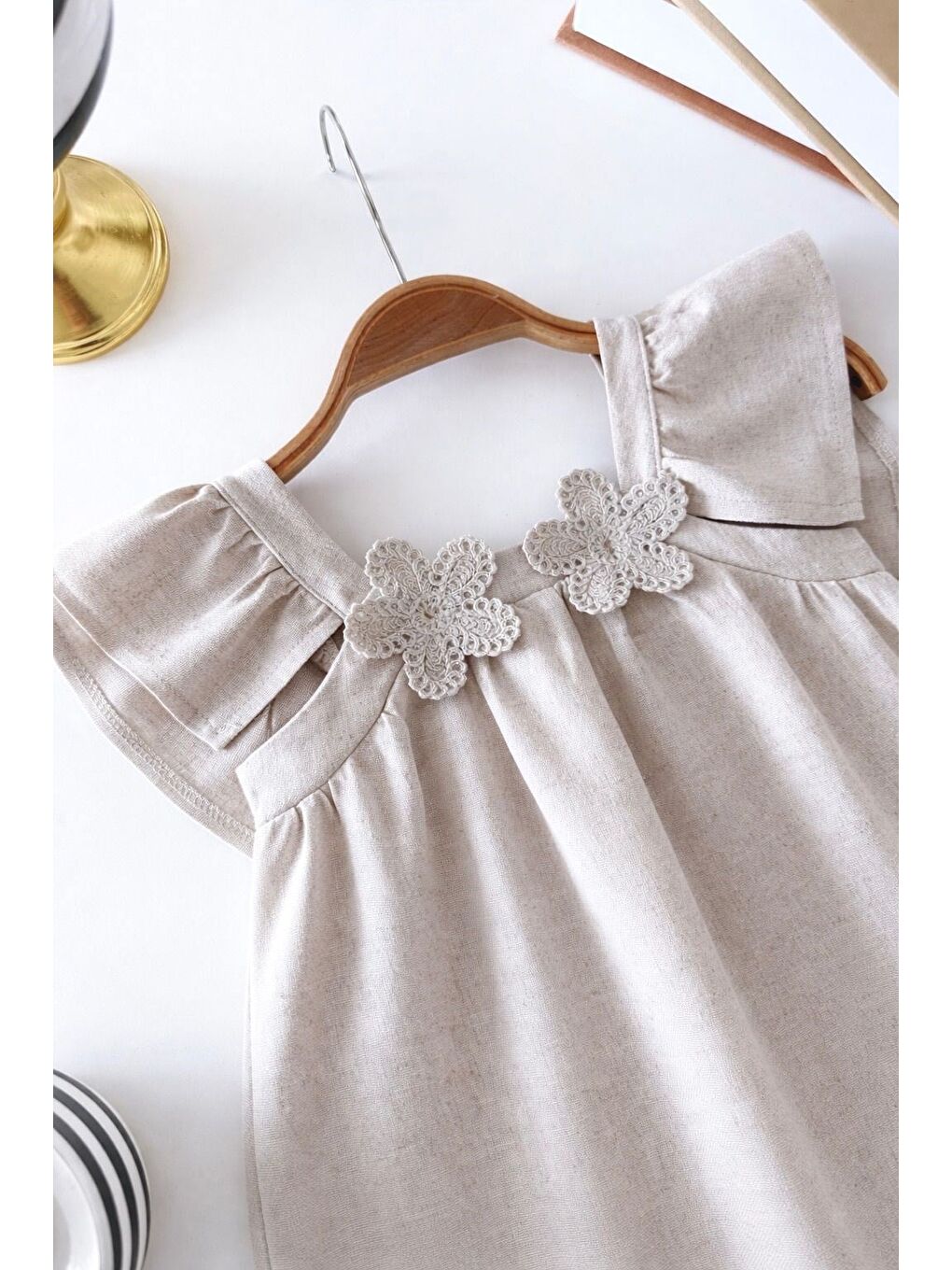 Kız Çocuk Pamuklu Gri Çiçek Detaylı Elbise-3