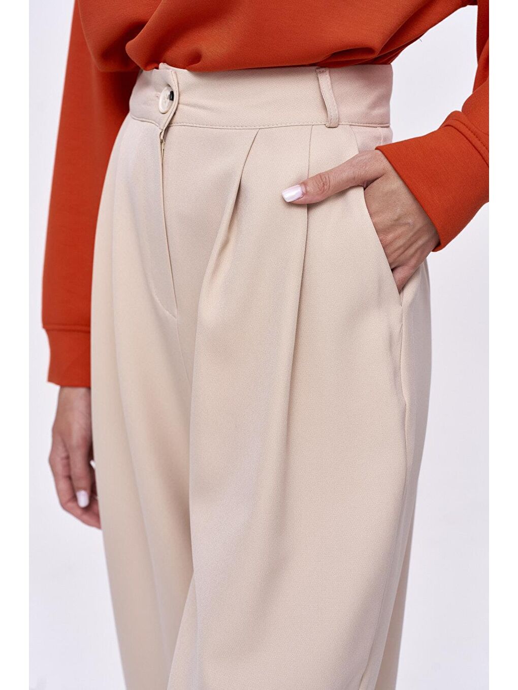 Pileli Şalvar Bej Kadın Pantolon-6