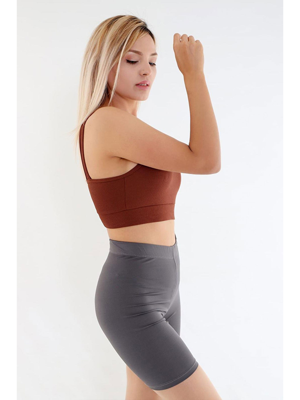 Kahverengi Kadın Fitilli Kaşkorse Kumaş Geniş Askılı Crop, Sporcu Sütyeni-2