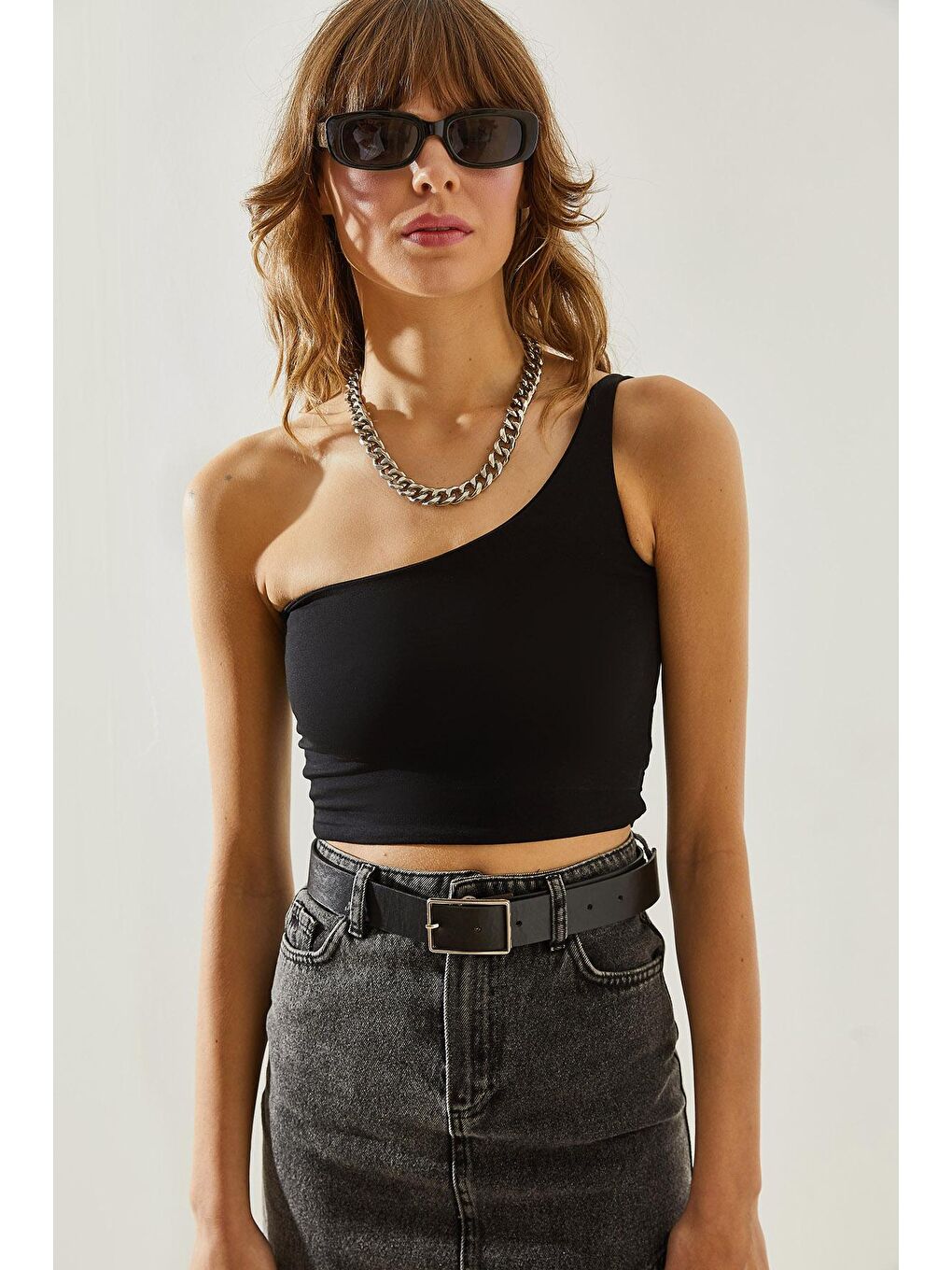 SHADE Siyah Kadın Tek Omuz Askılı Crop Atlet