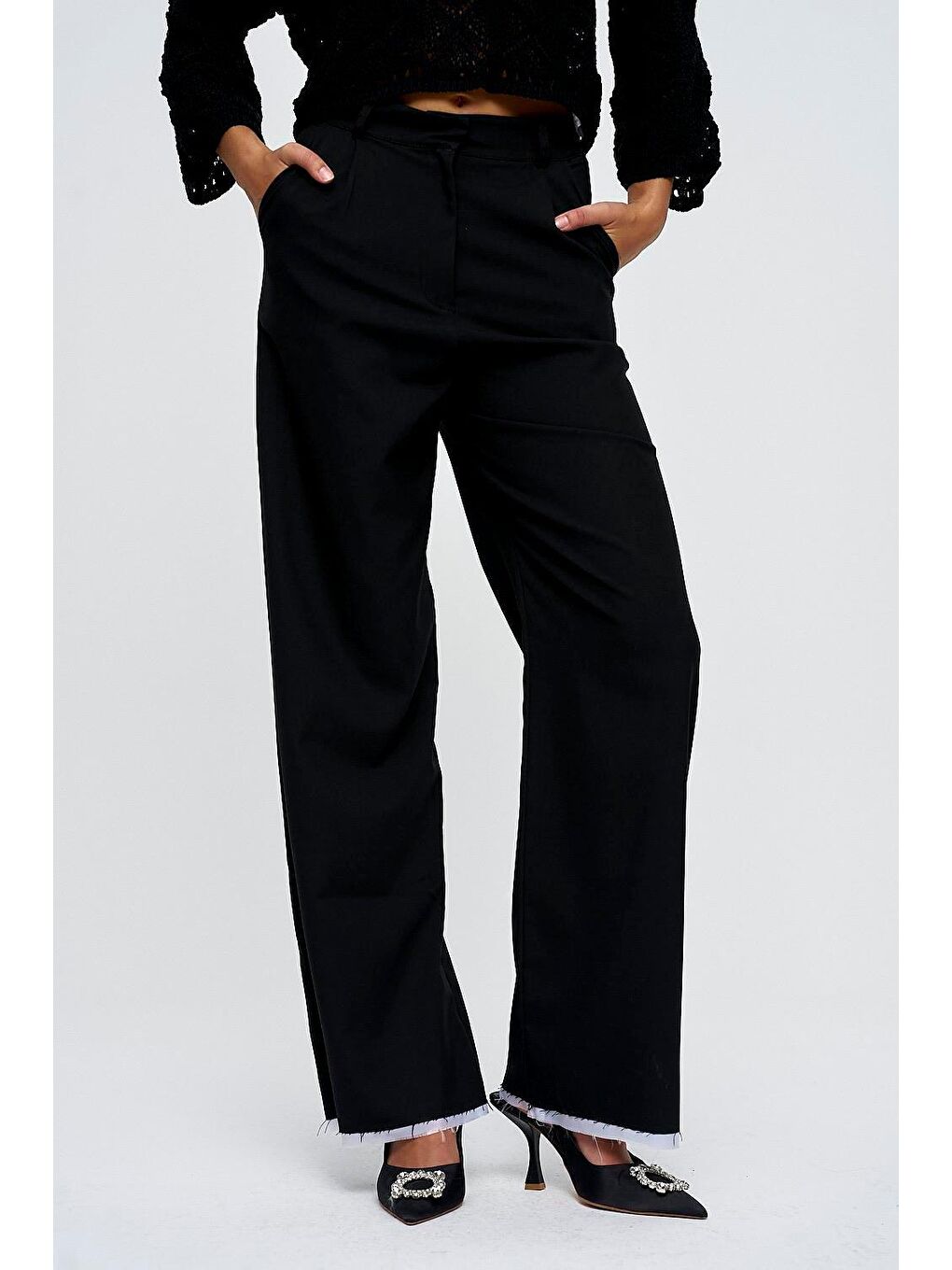 Maskulen Palazzo Siyah Kadın Pantolon-4