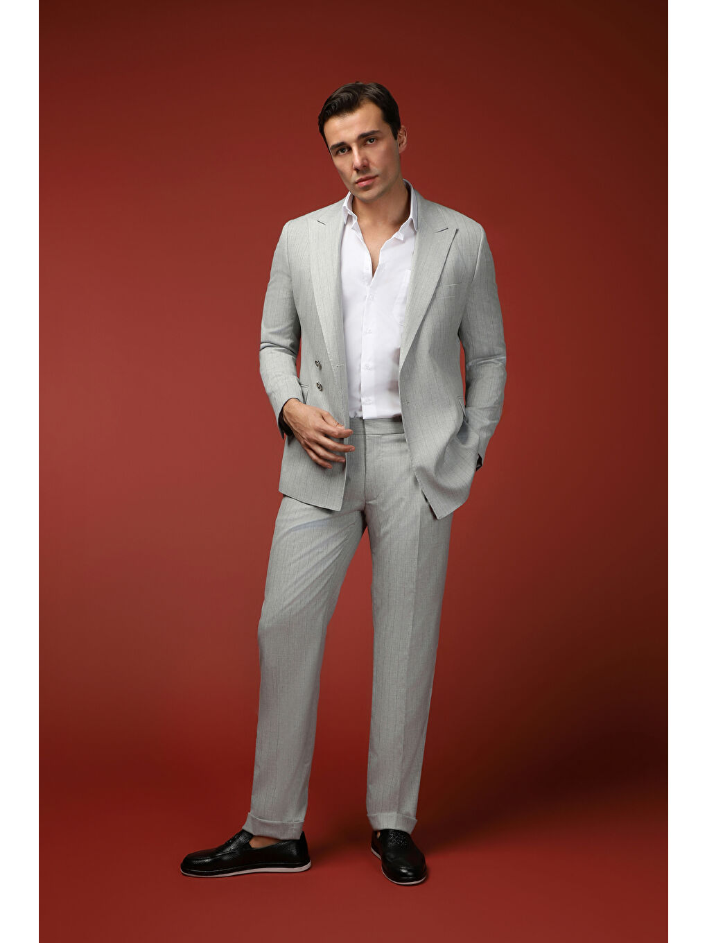 Gri Slim Fit Dar Kesim Çizgili İtalyan Kesim Kruvaze Takım Elbise-2