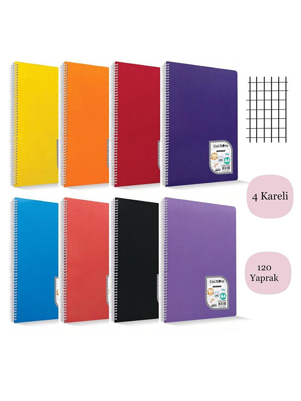 Colormaxi A4 120 Yaprak Plastik Kapak Spiralli Defter Kareli 4 Adet