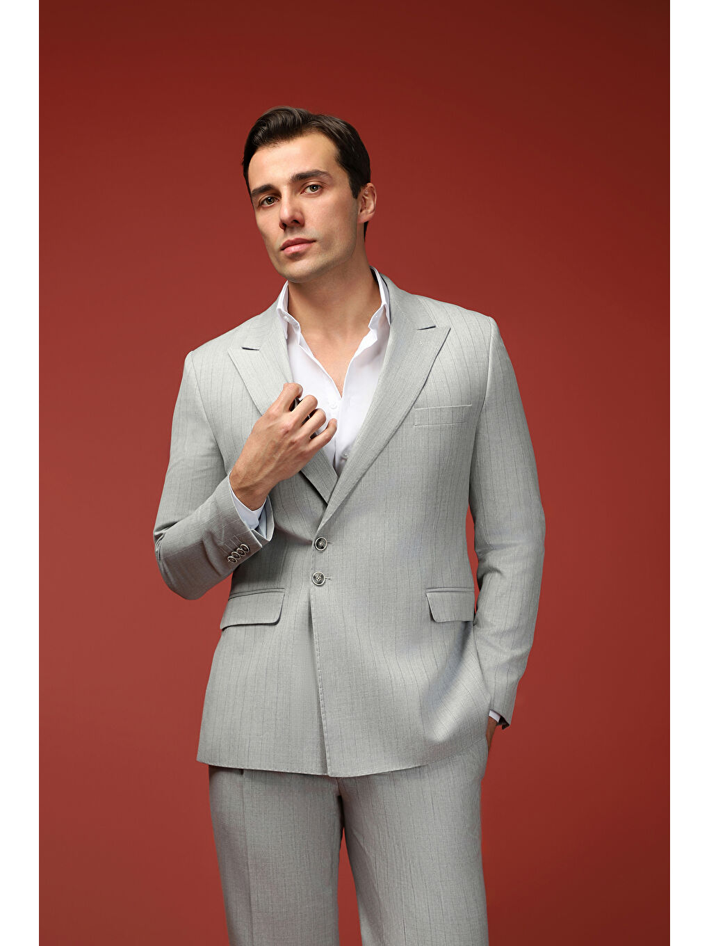 Gri Slim Fit Dar Kesim Çizgili İtalyan Kesim Kruvaze Takım Elbise-3