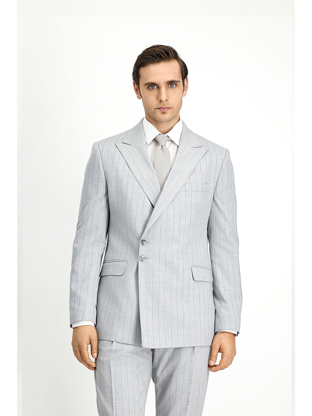 Gri Slim Fit Dar Kesim Çizgili İtalyan Kesim Kruvaze Takım Elbise-4