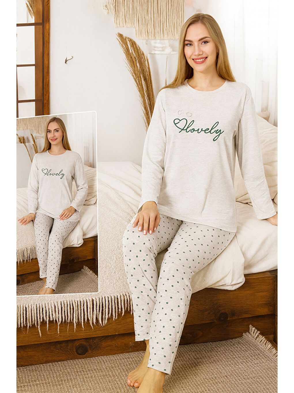 Kahverengi Kadın Kalp Desen Suprem Pijama Takımı 0471 Vizon02-1