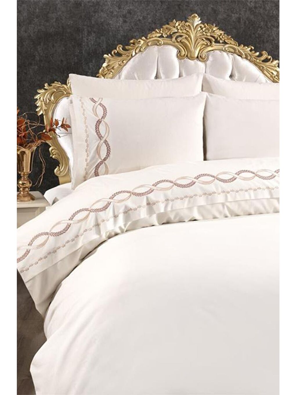 Ekru Başak Nakışlı 6 Parça Nevresim Takımı Krem-4