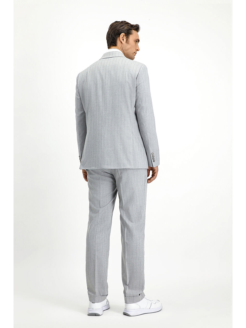 Gri Slim Fit Dar Kesim Çizgili İtalyan Kesim Kruvaze Takım Elbise-5