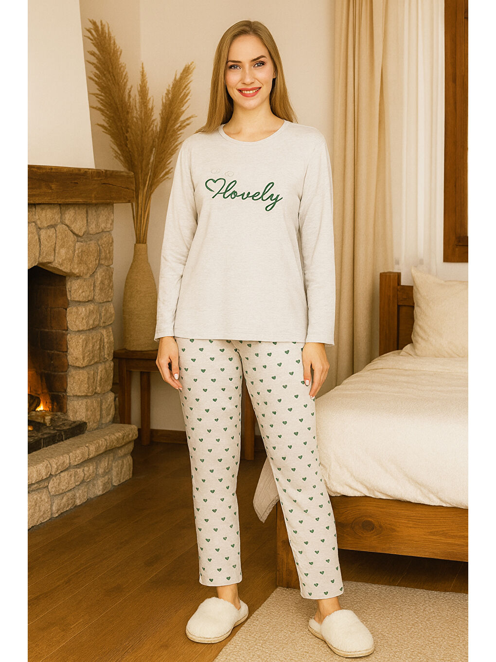 Kahverengi Kadın Kalp Desen Suprem Pijama Takımı 0471 Vizon02-2