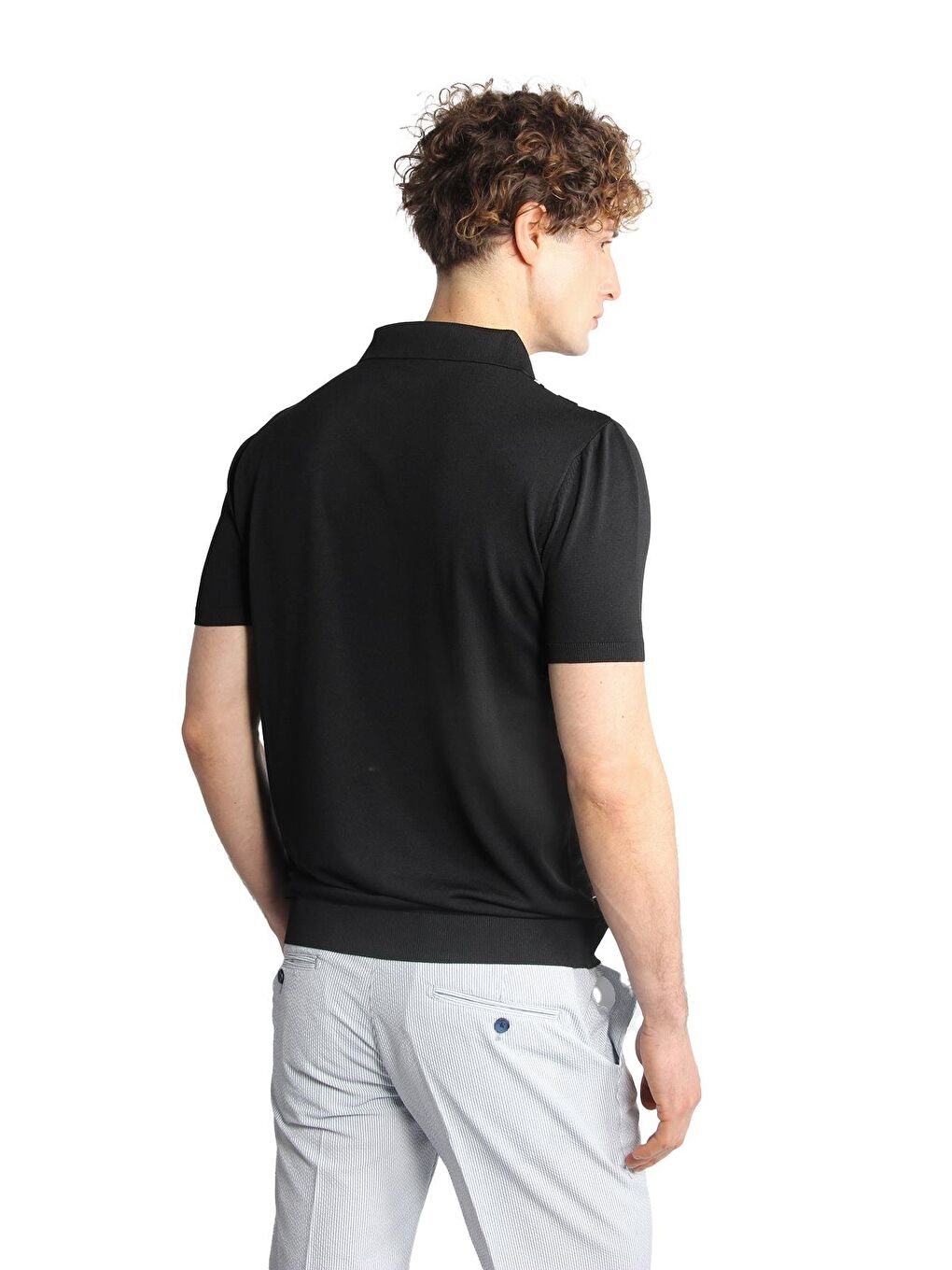 Siyah Slim Fit Dar Kalıp Düğmeli Polo Yaka Desenli Kısa Kollu Triko Tişört-5