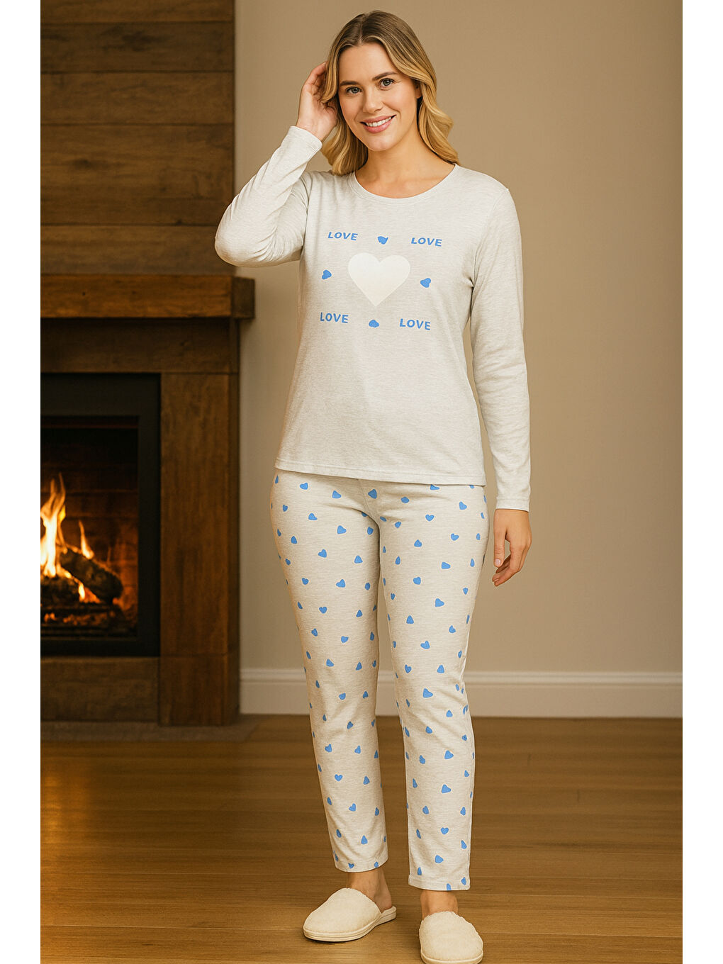 Kadın Kalp Desen Suprem Pijama Takımı 0458 Buz Mavi-2