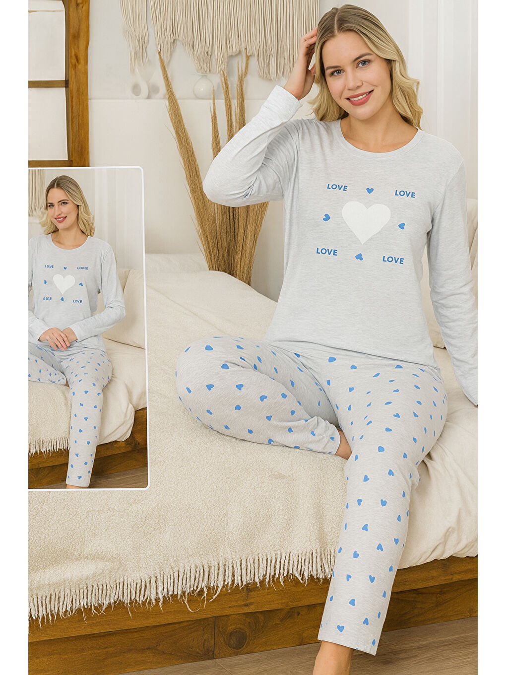 Kadın Kalp Desen Suprem Pijama Takımı 0458 Buz Mavi-3