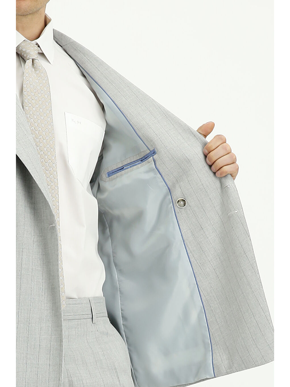 Gri Slim Fit Dar Kesim Çizgili İtalyan Kesim Kruvaze Takım Elbise-7