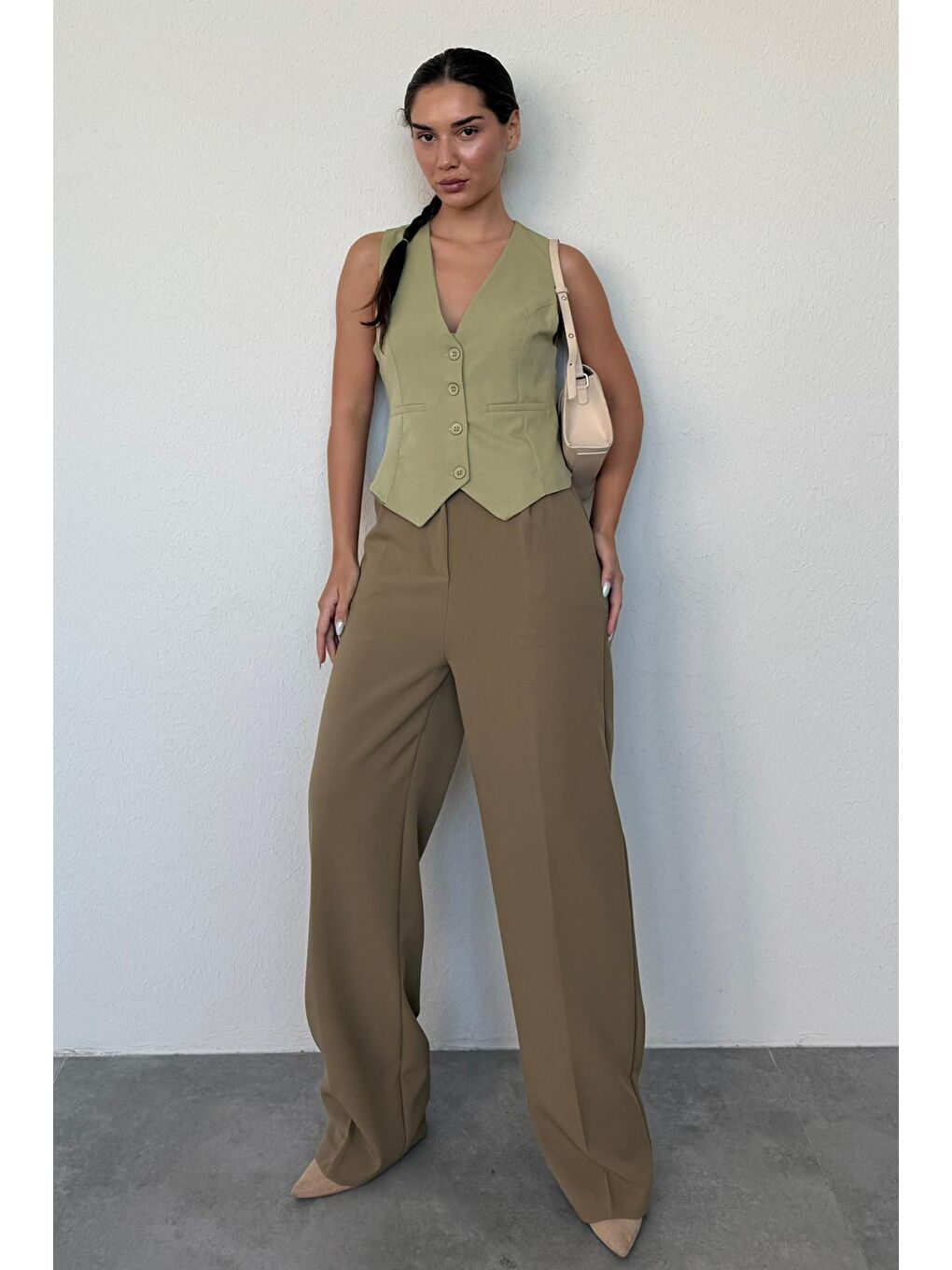 Haki Yüksek Bel Kadın Palazzo Pantolon Mg2506-1