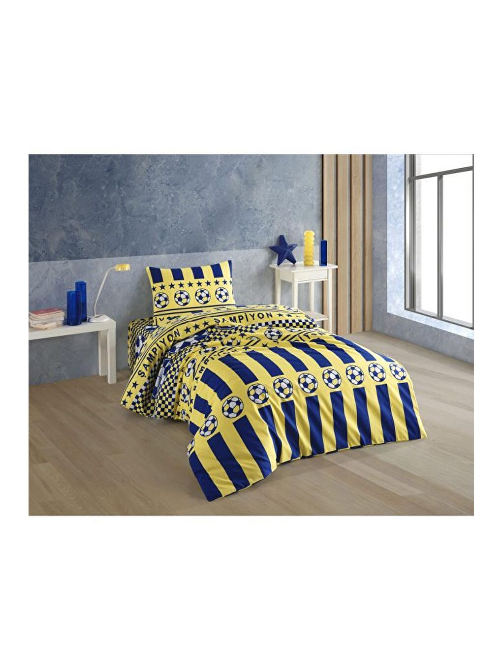 Karışık Sarı Lacivert Taraftar Desenli Çift Kişilik Nevresim Takımı-1