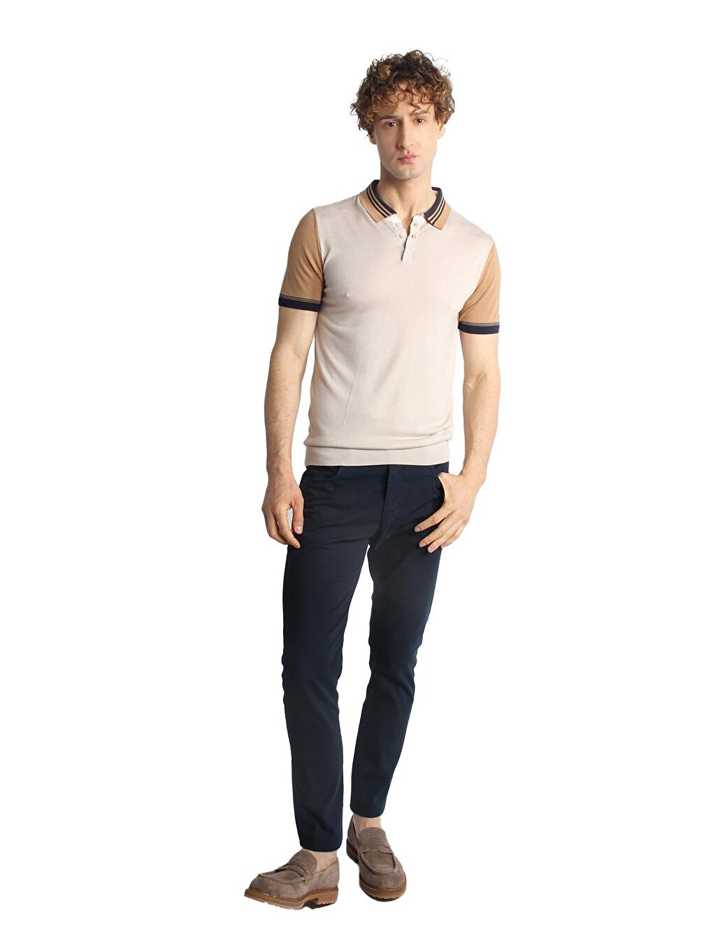 Bej Slim Fit Dar Kalıp Polo Yaka Düz Kısa Kollu Triko Tişört-1