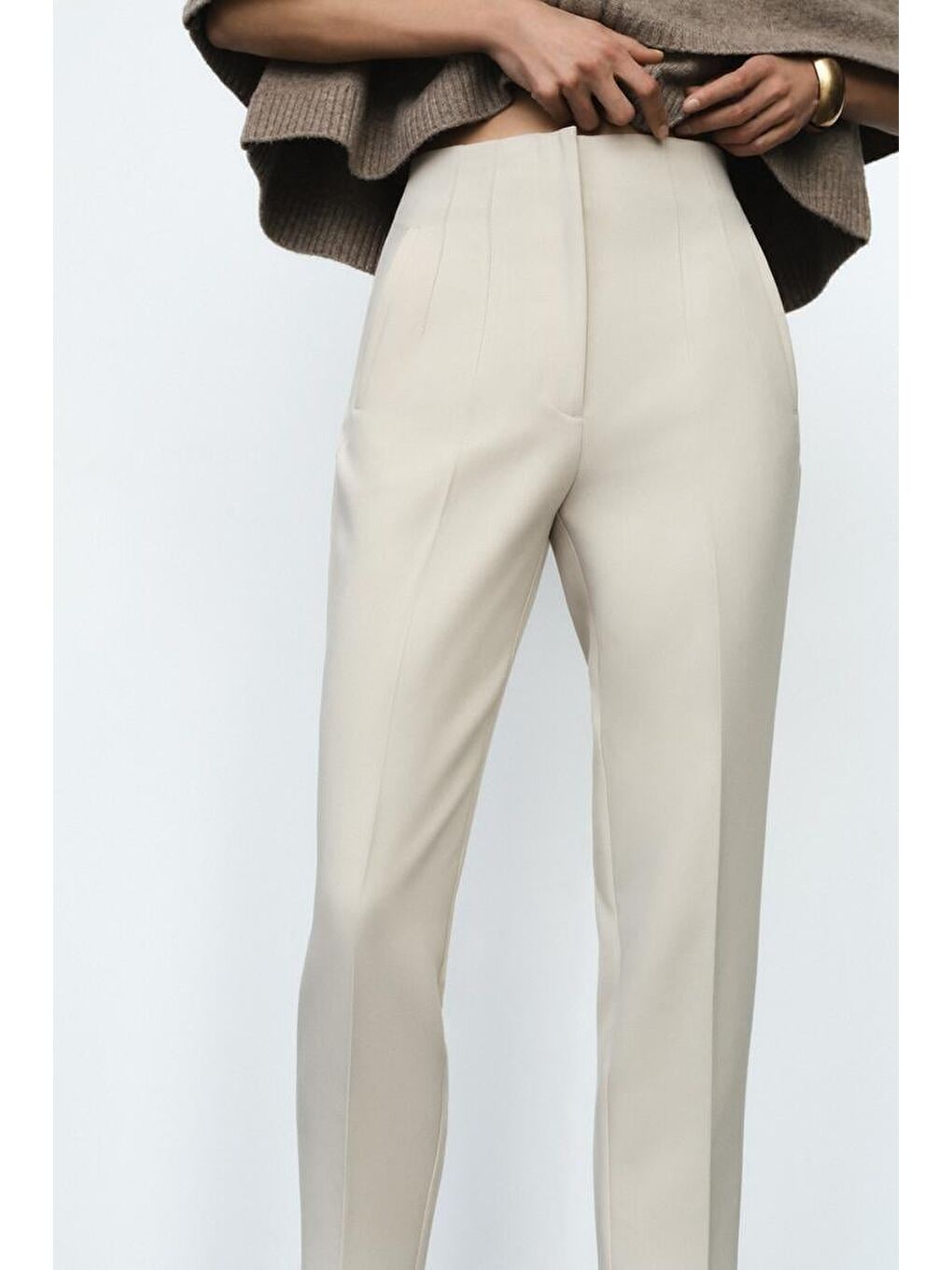 Ekru Krem Önü Biyeli Yüksek Bel Kadın Pantolon Mg2425-2