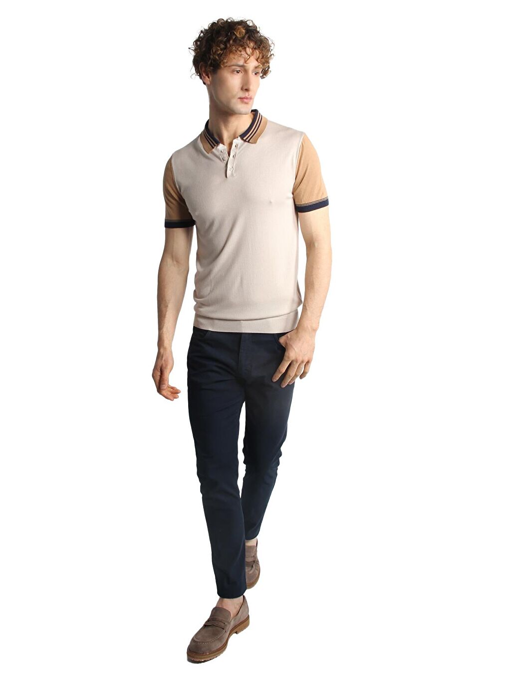 Bej Slim Fit Dar Kalıp Polo Yaka Düz Kısa Kollu Triko Tişört-2
