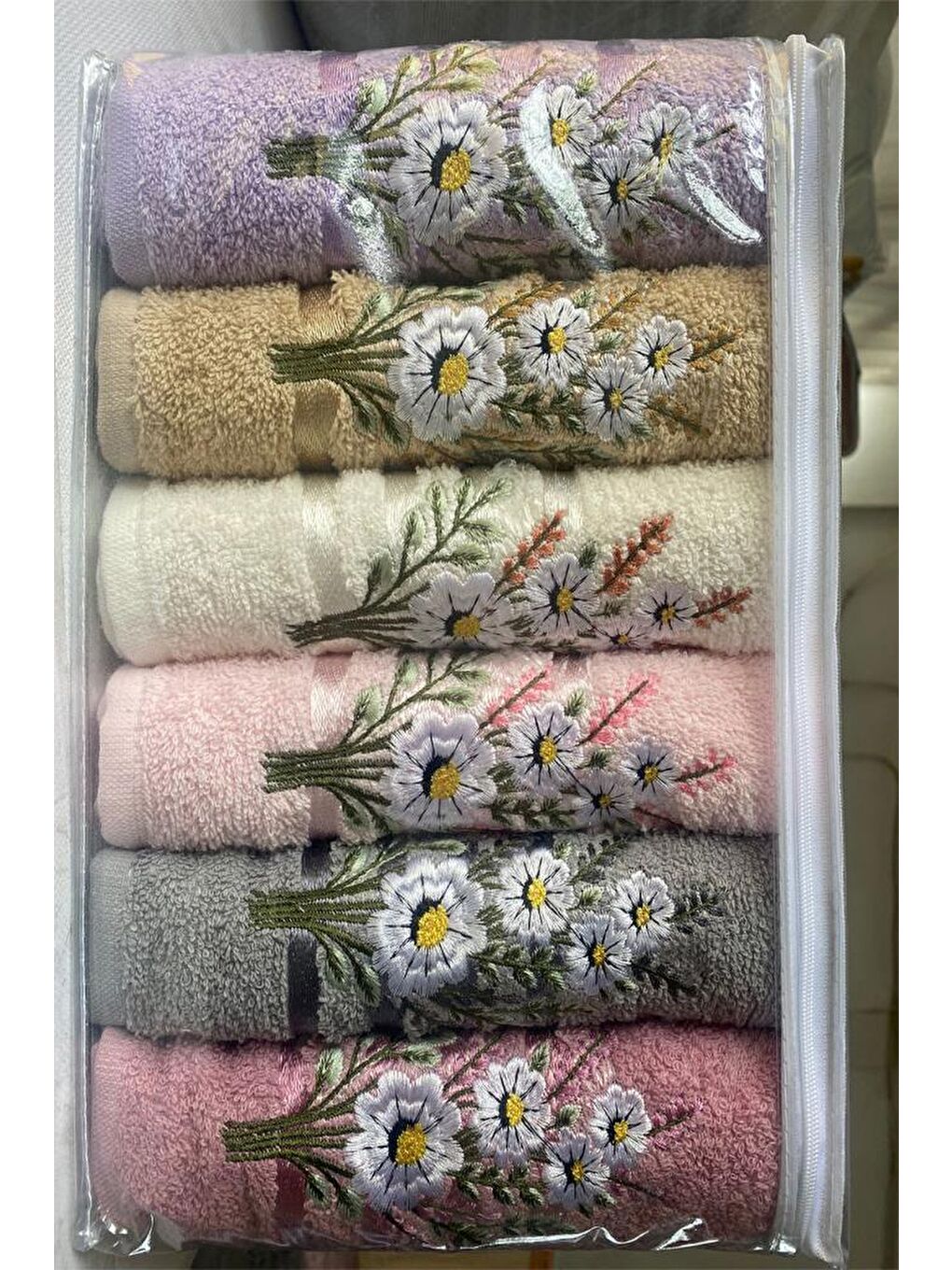 Karışık Daisy Flosh Bordürlü Nakışlı 6 lı El Yüz Havlu Takımı-1