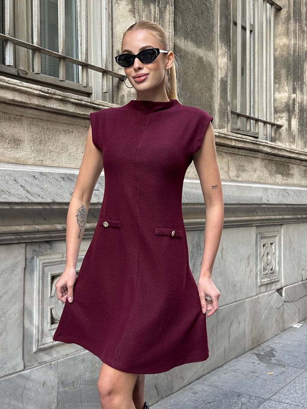 Triko Kumaş Kolsuz Elbise Bordo-2