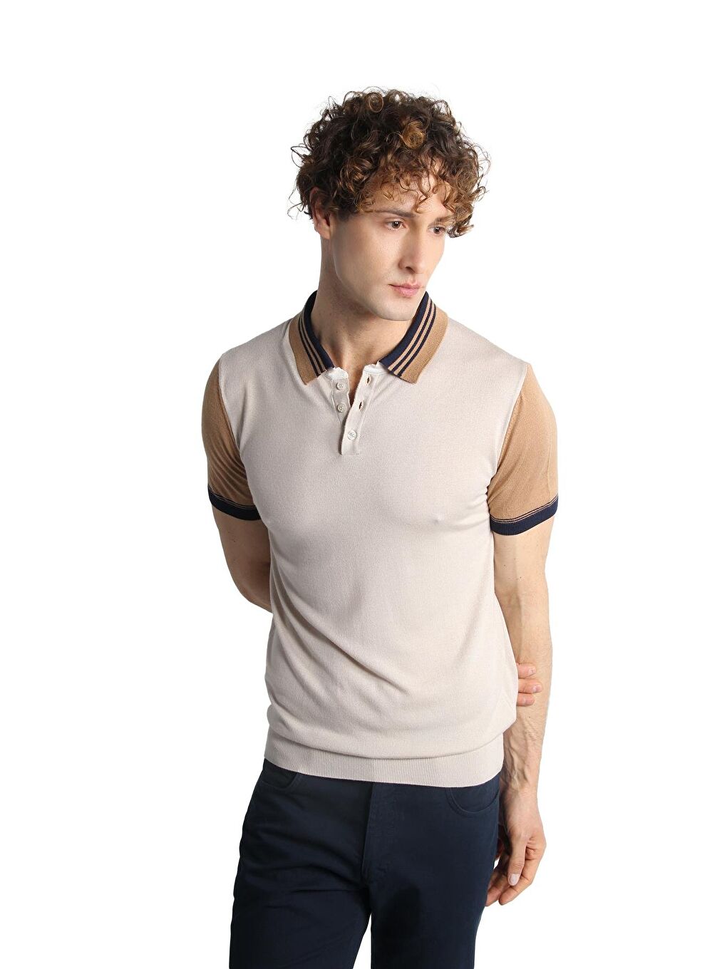 Bej Slim Fit Dar Kalıp Polo Yaka Düz Kısa Kollu Triko Tişört-3