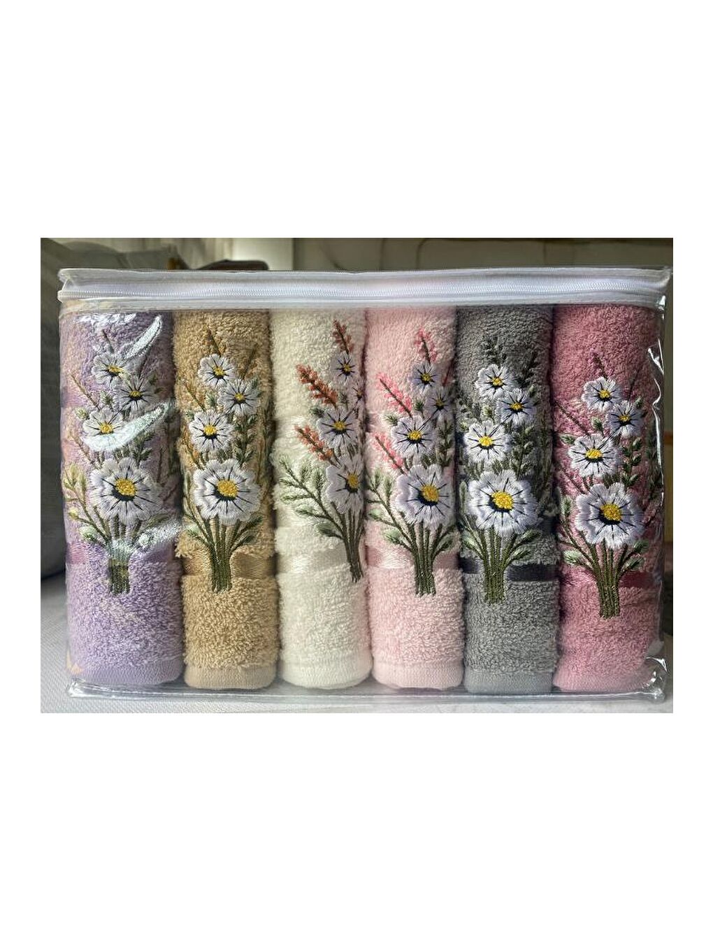 Karışık Daisy Flosh Bordürlü Nakışlı 6 lı El Yüz Havlu Takımı-2