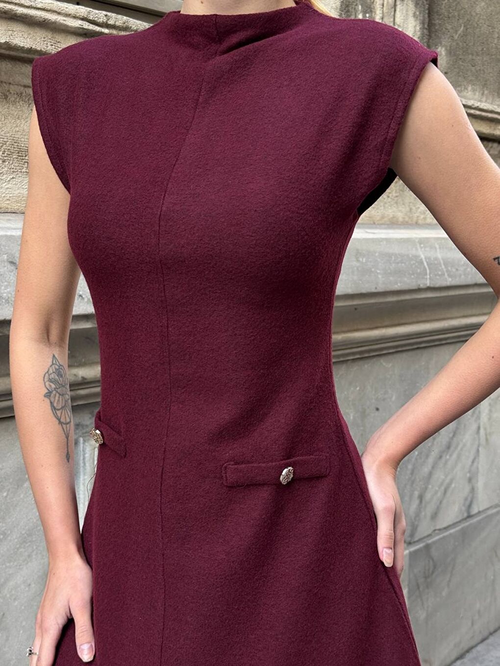 Triko Kumaş Kolsuz Elbise Bordo-3