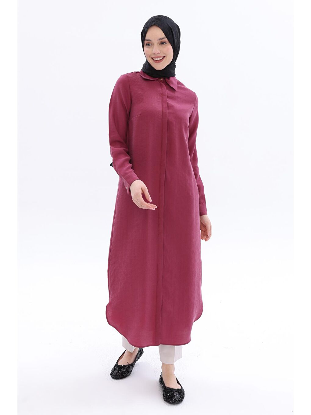 Bordo Vişne Gizli Patlı Basic Uzun Gömlek Tunik