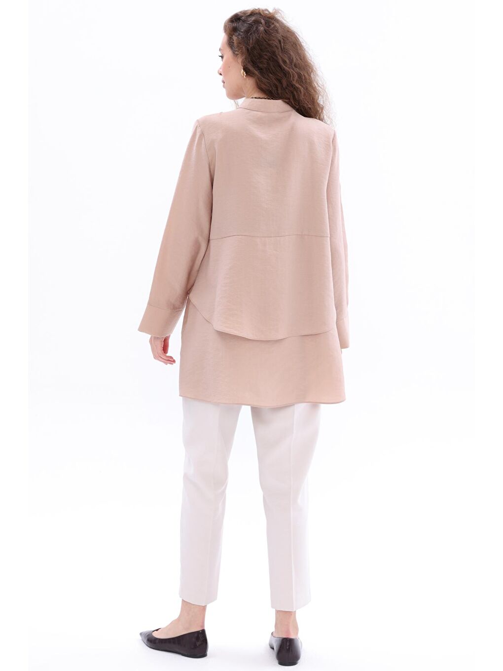 Bej Vizon Volanlı Hakim Yaka Yarım Patlı Tunik-3