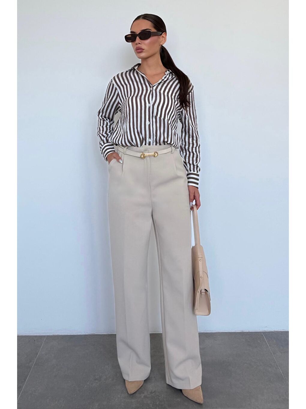 Bej Taş Rengi Yüksek Bel Kadın Palazzo Pantolon Mg2506-3