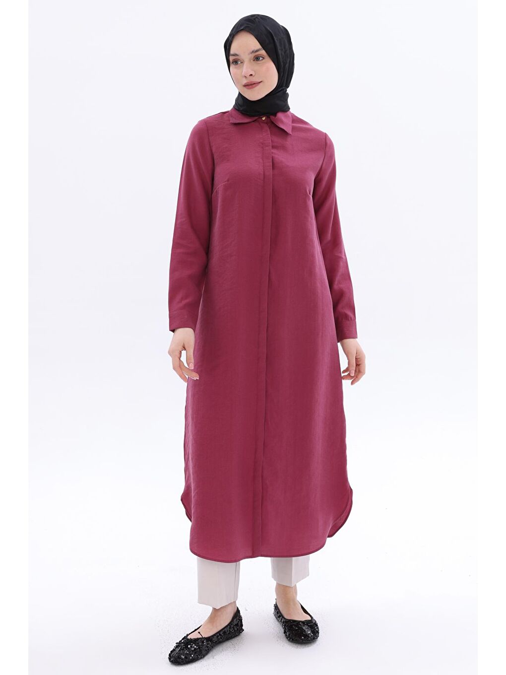 Bordo Vişne Gizli Patlı Basic Uzun Gömlek Tunik-1