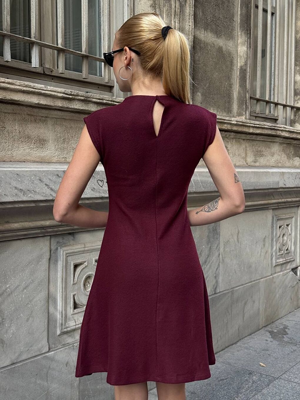 Triko Kumaş Kolsuz Elbise Bordo-4