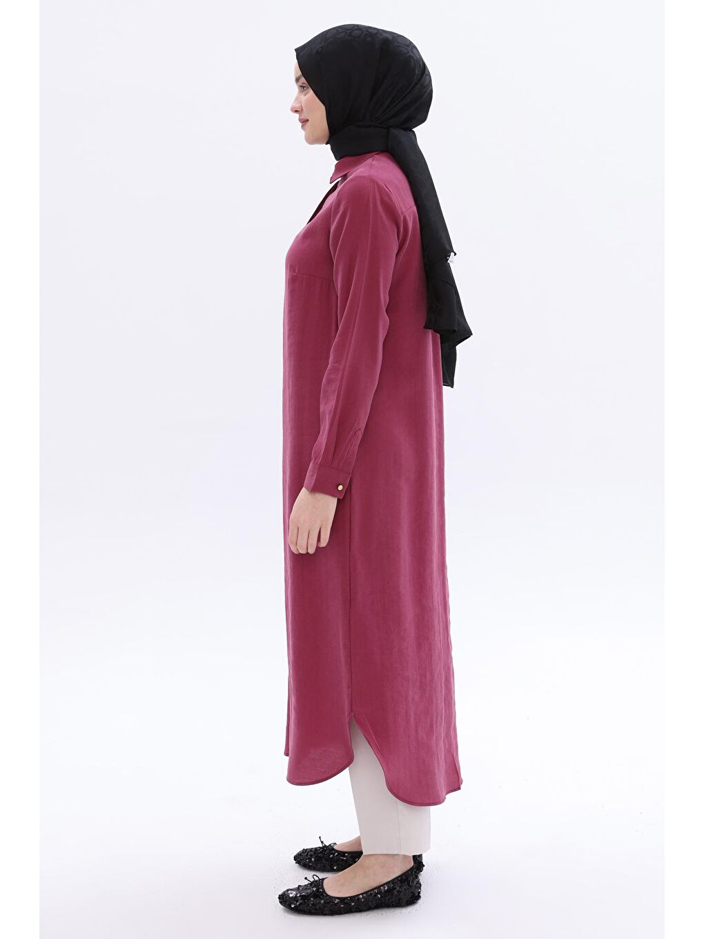 Bordo Vişne Gizli Patlı Basic Uzun Gömlek Tunik-2