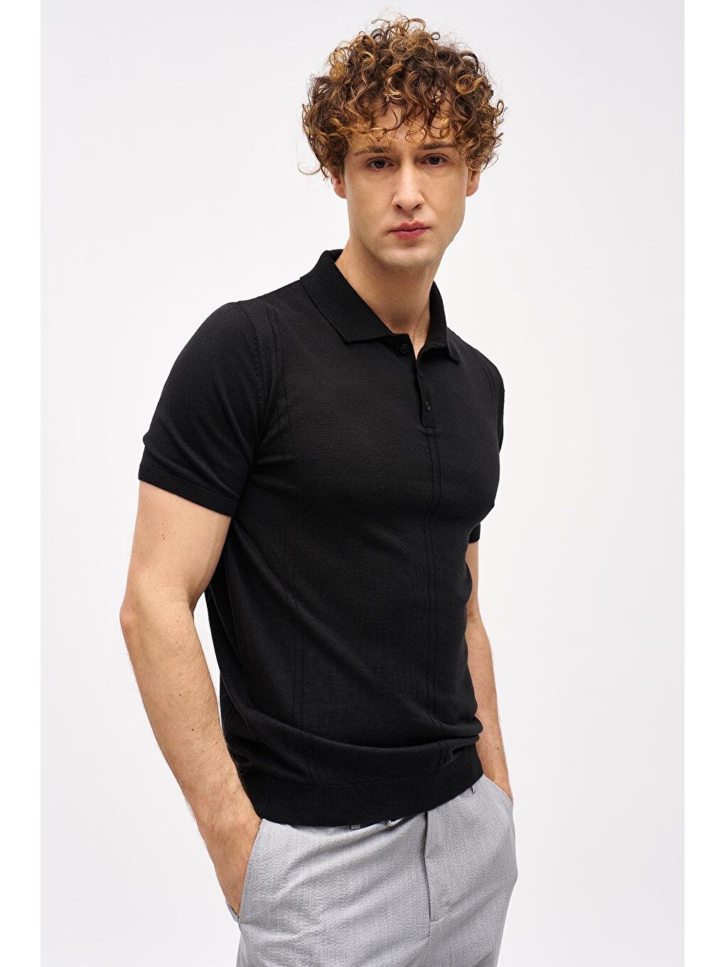 Siyah Slim Fit Dar Kalıp Polo Yaka Düz Kısa Kollu Triko Tişört-1
