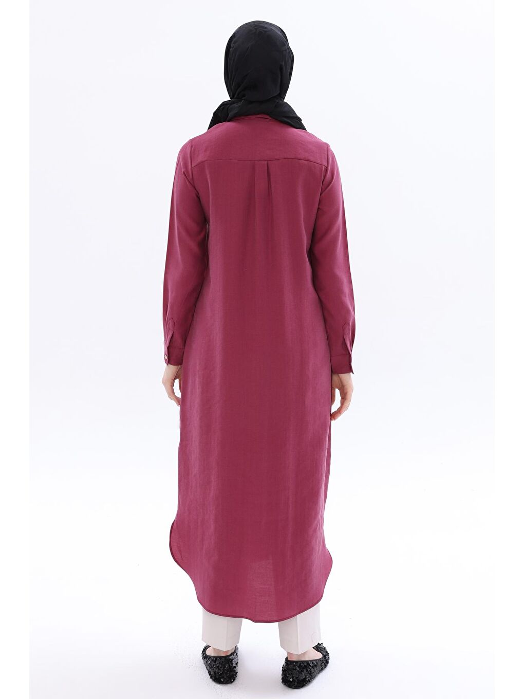 Bordo Vişne Gizli Patlı Basic Uzun Gömlek Tunik-3