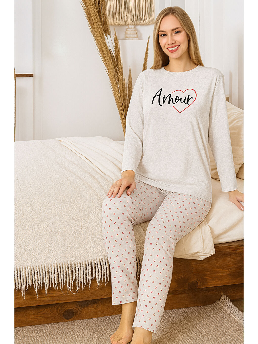 Siyah Kadın Kalp Desen Suprem Pijama Takımı 0472 Vizon04-1