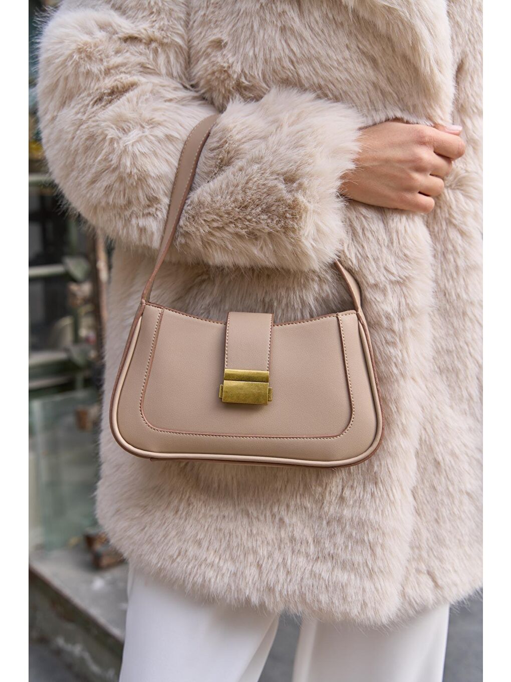 Bej Kısa Askılı Omuz Çantası Vizon-1