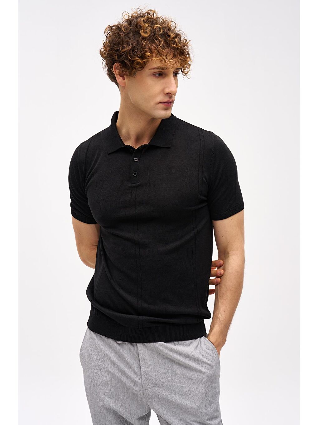 Siyah Slim Fit Dar Kalıp Polo Yaka Düz Kısa Kollu Triko Tişört-3